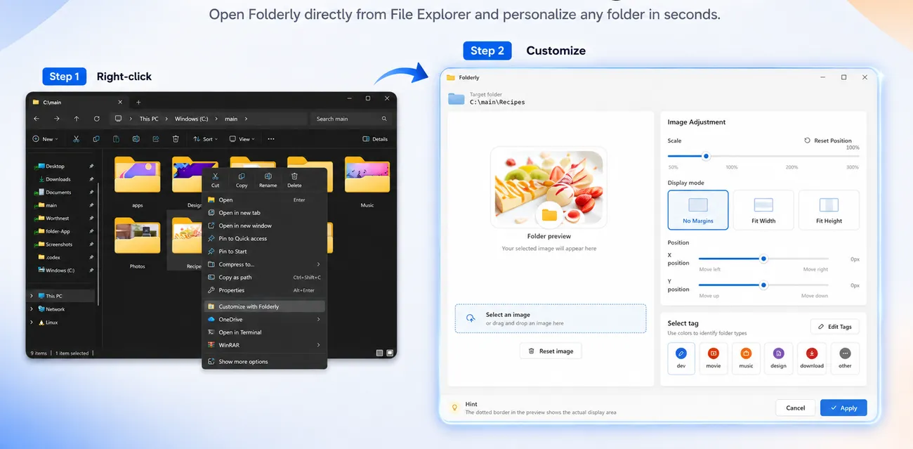 Folderly editor for changing a Windows folder icon to an image
