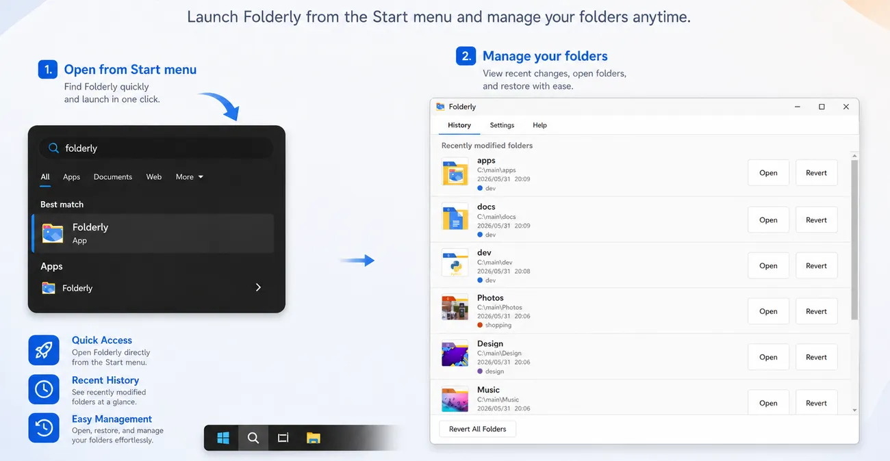 Folderly history screen for managing and restoring customized folders