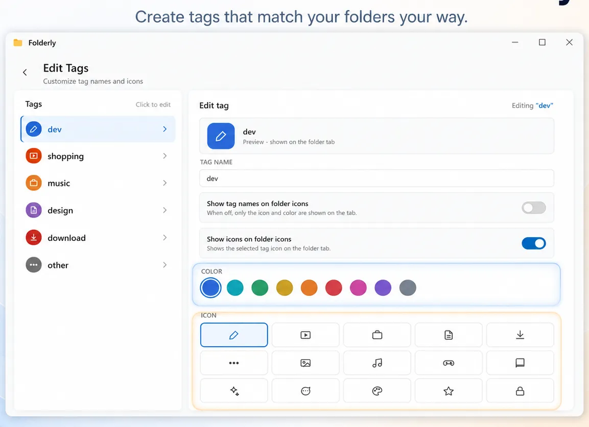 Folderly tag editor for choosing colors and icons
